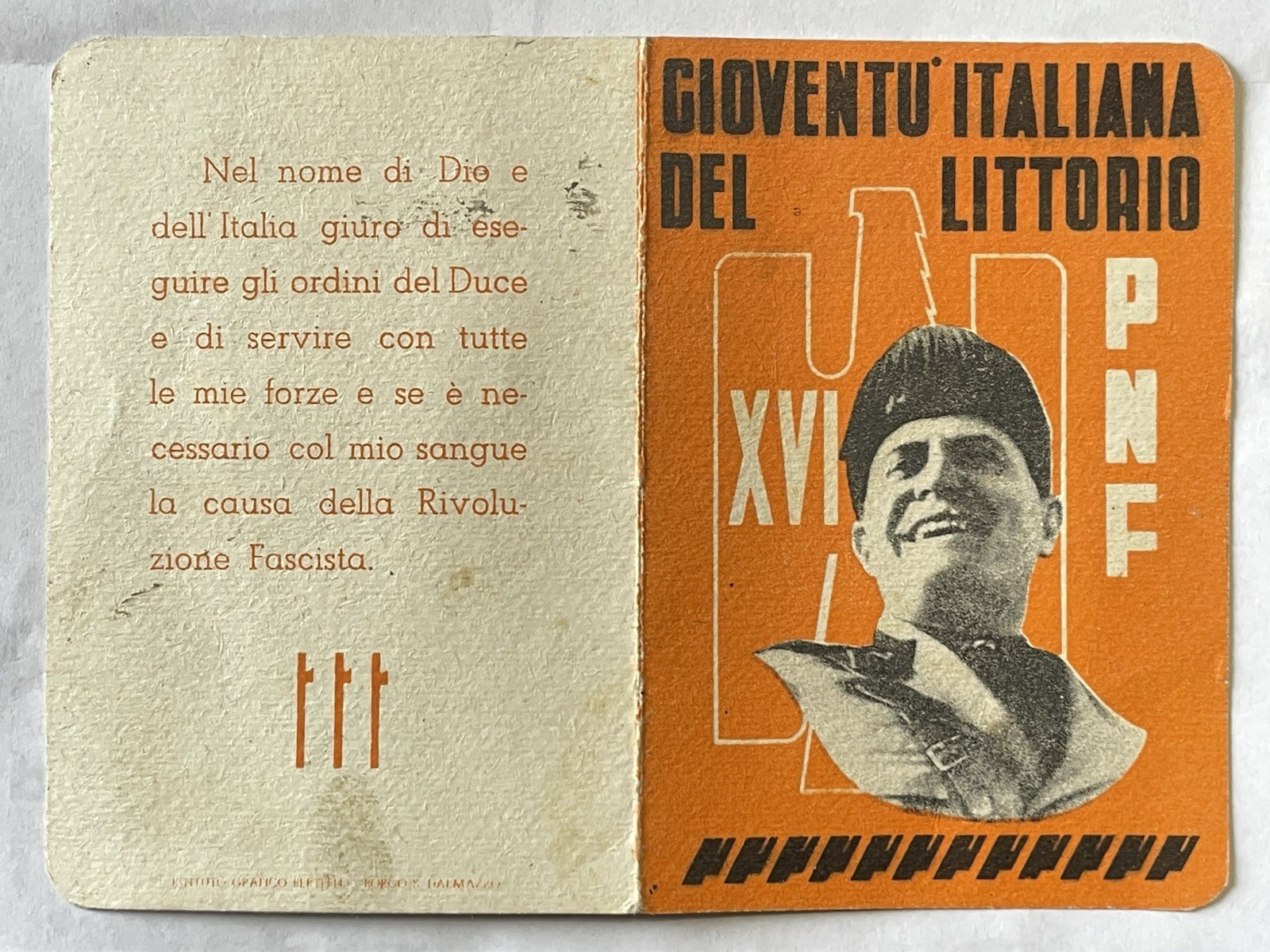 Italian Youth Fascist Card, PNF, La Piccola Italiana, 1937 Italian Youth Fascist Card, PNF, La Piccola Italiana, 1937