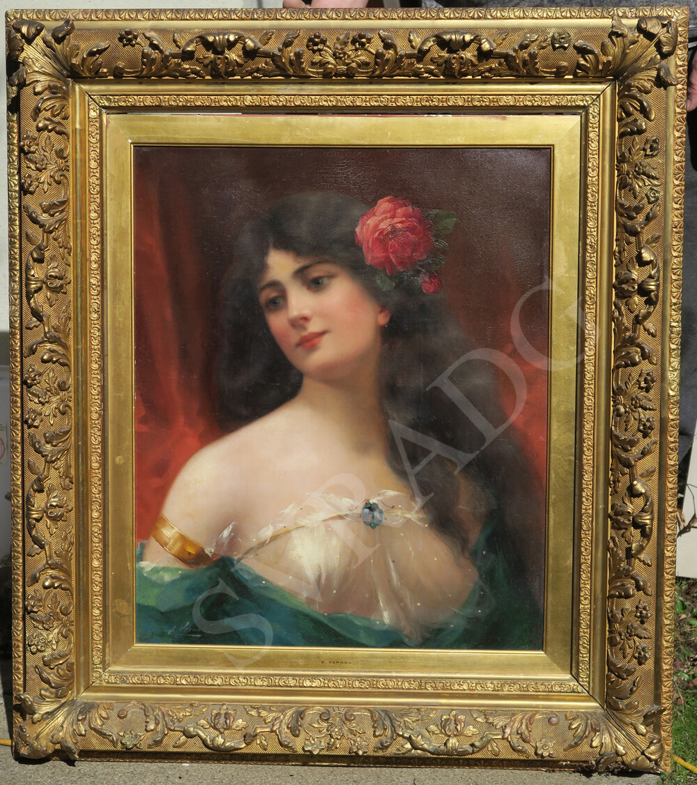 Emile Vernon Antique Oil Canvas French Painting Gilt Frame Time of Roses portrai Emile Vernon Antique Oil Canvas French Painting Gilt Frame Time of Roses portrai