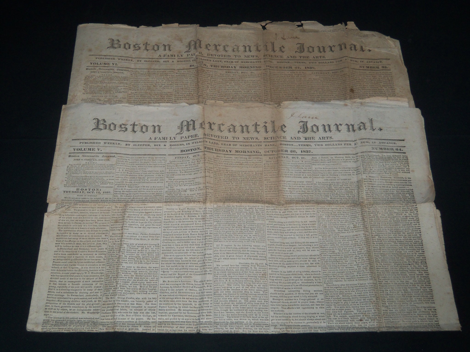 1837-1838 BOSTON MERCANTILE JOURNAL NEWSPAPER LOT OF 2 - NP 614A