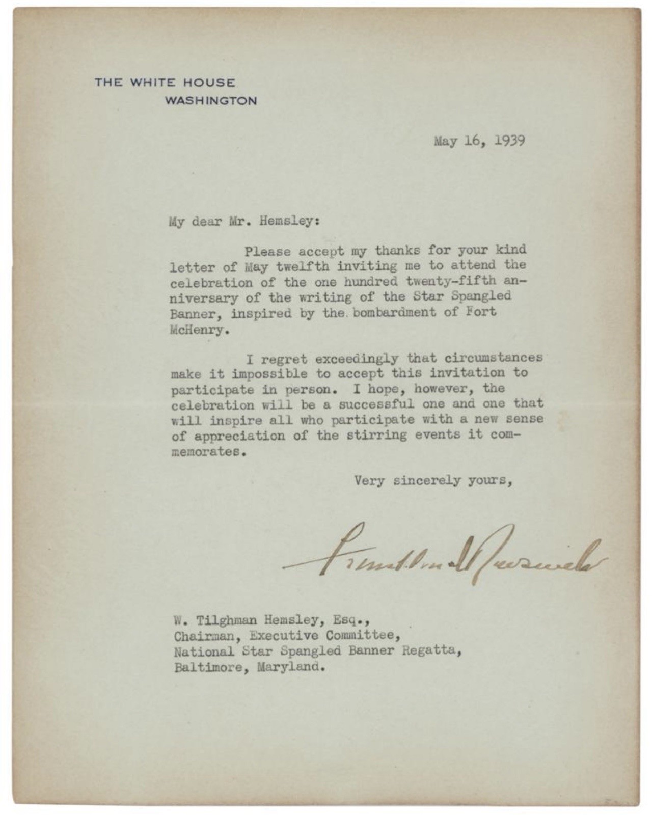 Franklin D Roosevelt White House Letter 150th Star Spangled Banner 250th America