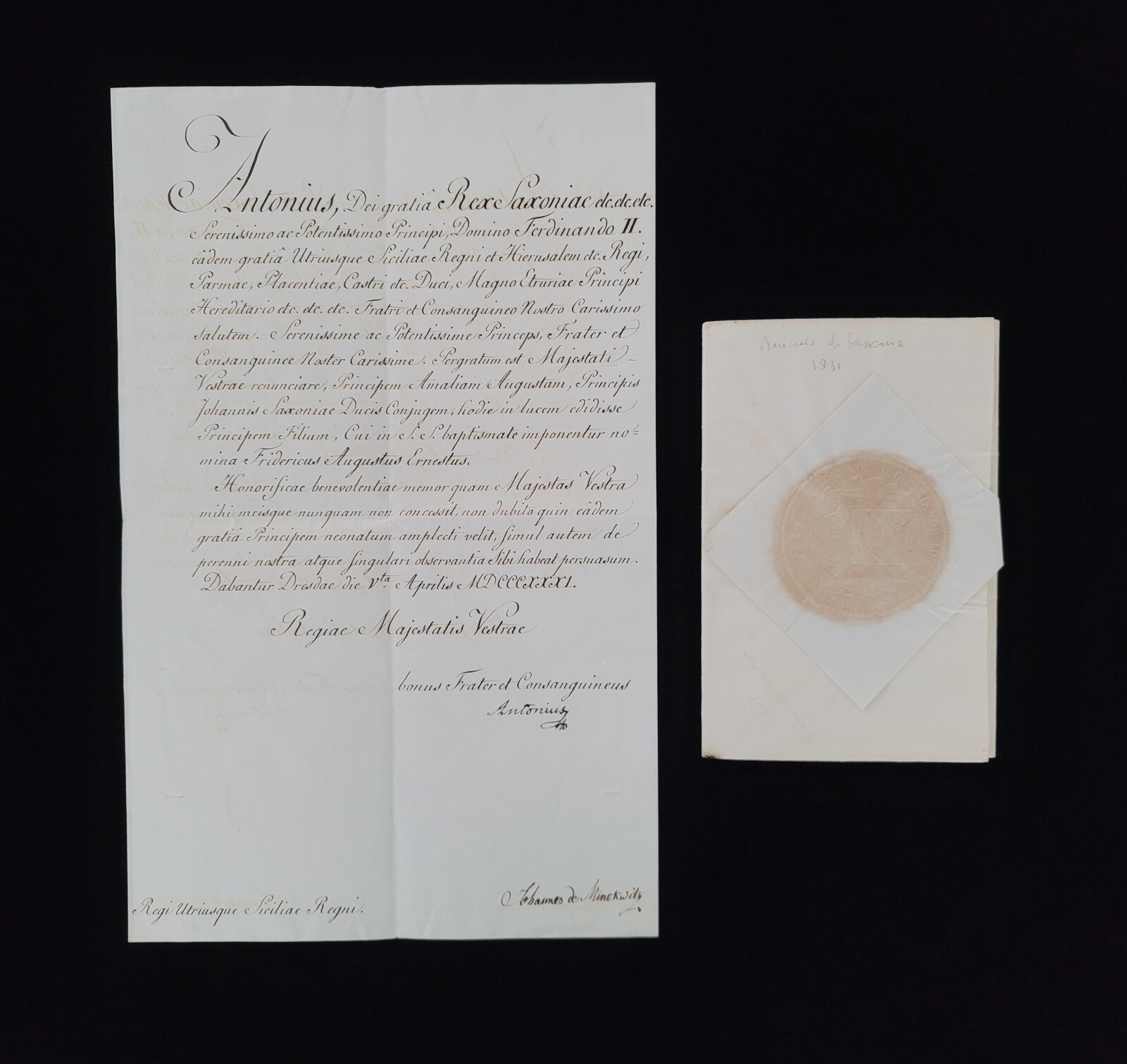 1831 King Anthony of Saxony Signed Royalty Document Letter Royalty Ferdinand II 1831 King Anthony of Saxony Signed Royalty Document Letter Royalty Ferdinand II