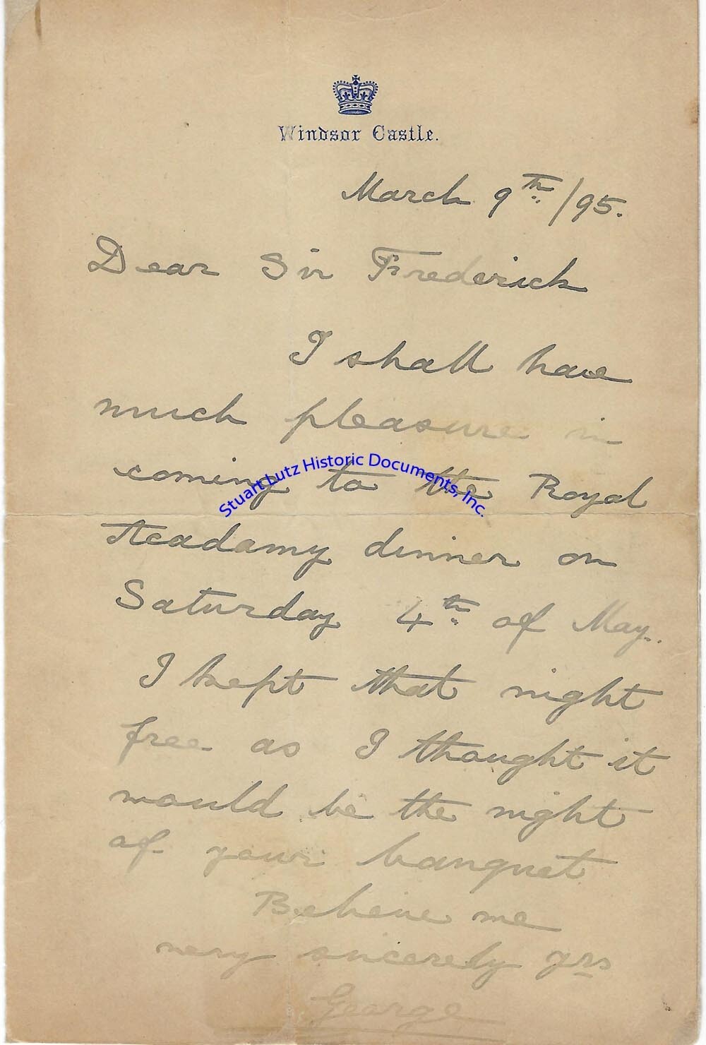 King George V signed & handwritten letter re Royal Academy Dinner 1895 King George V signed & handwritten letter re Royal Academy Dinner 1895