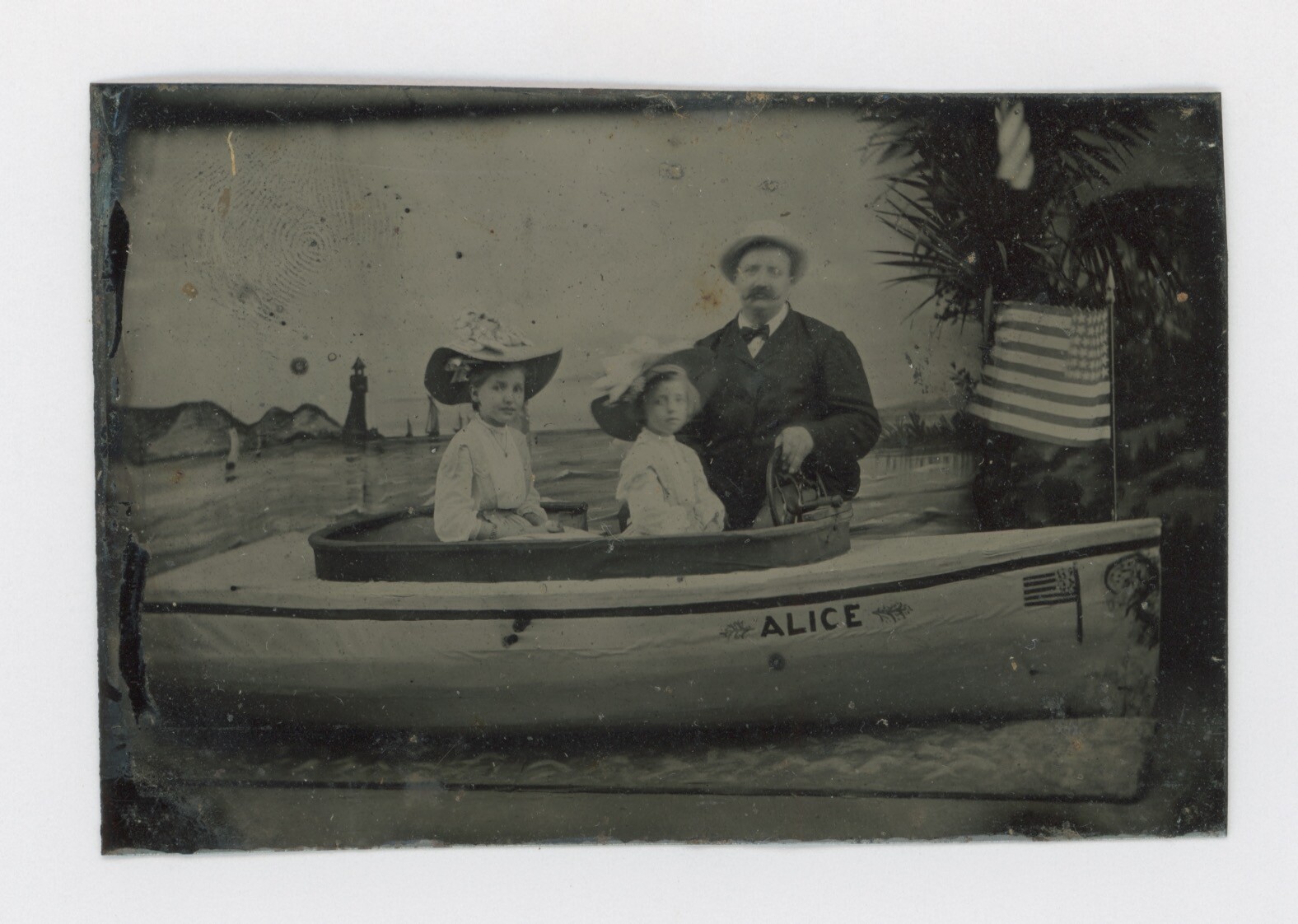 1870's-1880's TINTYPE AMERICAN FLAG FLYING & AMERICAN FLAG PAINTED ON FAUX BOAT