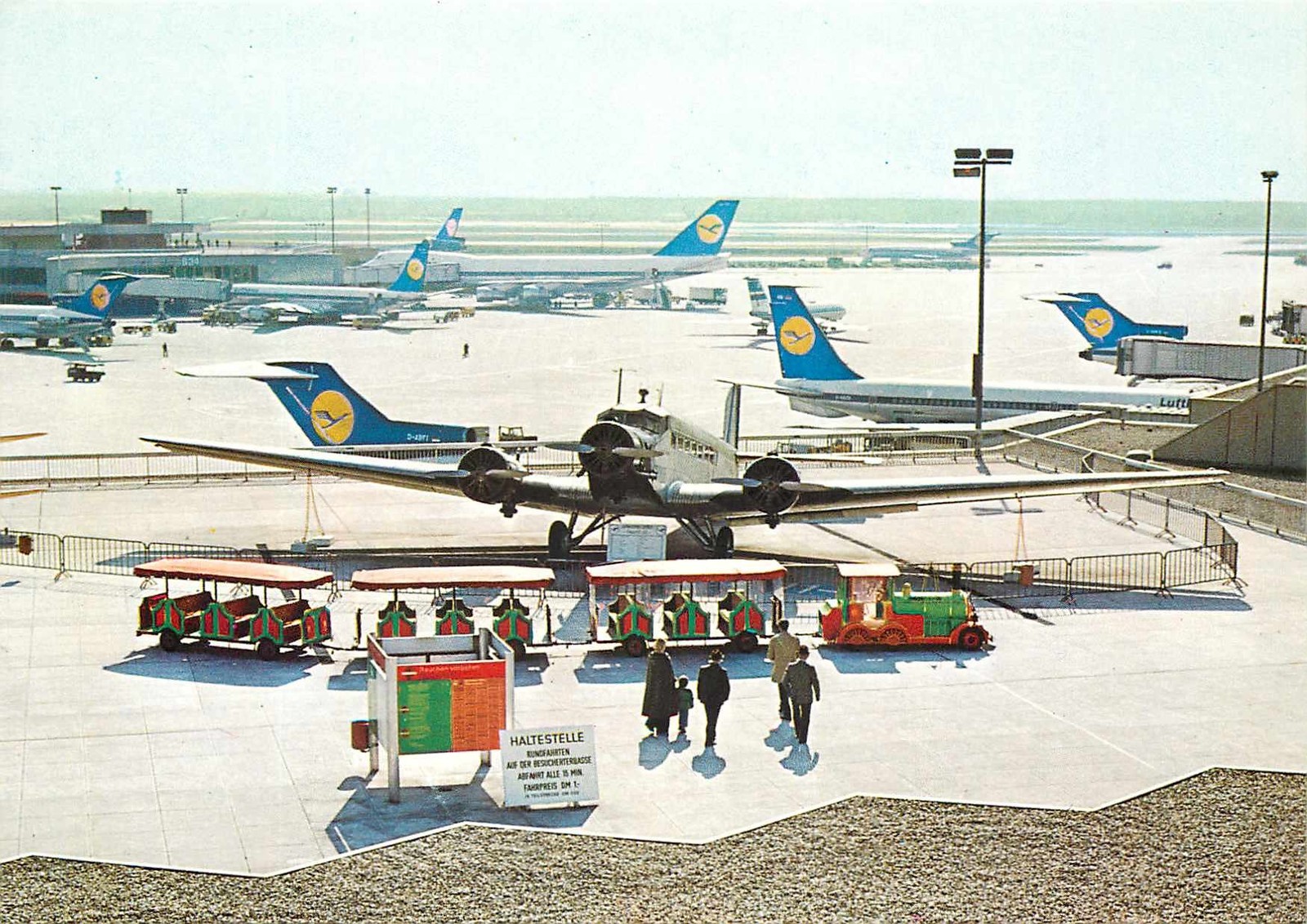 Postcard-Frankfurt am Main-Rhein-Main airport Ju 52 D-AQUI visitor train - 1977 Postcard-Frankfurt am Main-Rhein-Main airport Ju 52 D-AQUI visitor train - 1977