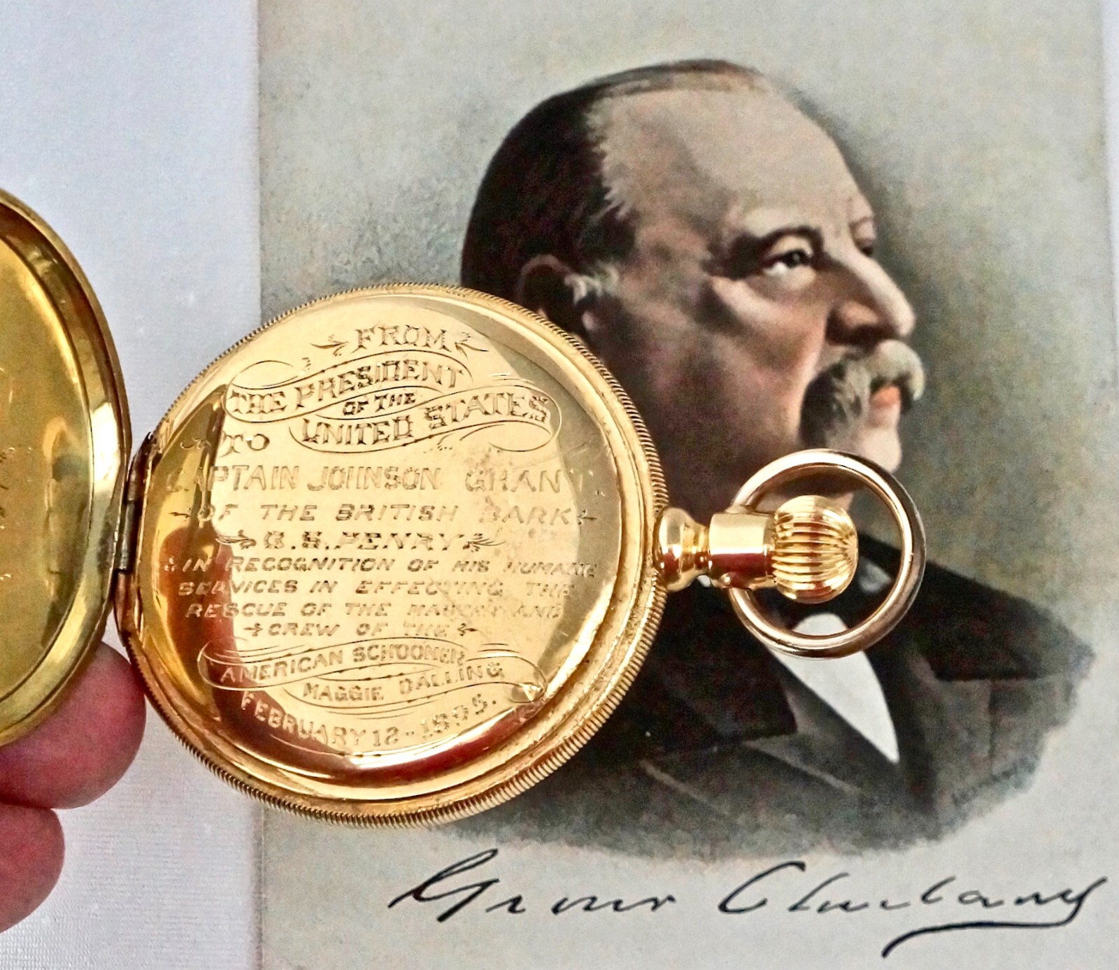 US President Grover Cleveland 18ct Gold Life Saving Tribute Watch / Medal 1895. US President Grover Cleveland 18ct Gold Life Saving Tribute Watch / Medal 1895.