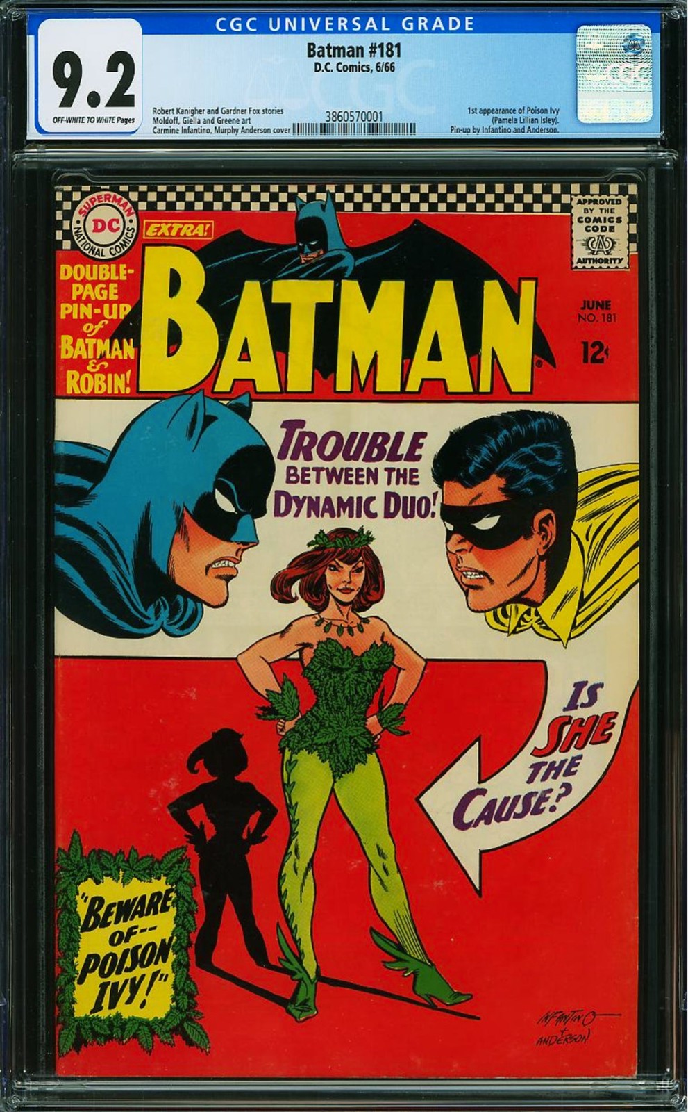 Batman #181 CGC 9.2 OW/WP (1966) 1st Poison Ivy (Pamela Lillian Isley) L@@K Batman #181 CGC 9.2 OW/WP (1966) 1st Poison Ivy (Pamela Lillian Isley) L@@K