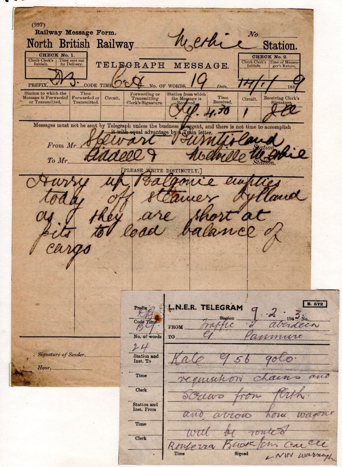 GB Scotland RAILWAY TELEGRAPH MESSAGES{2} North British 1889 & LNER 1943 RL67