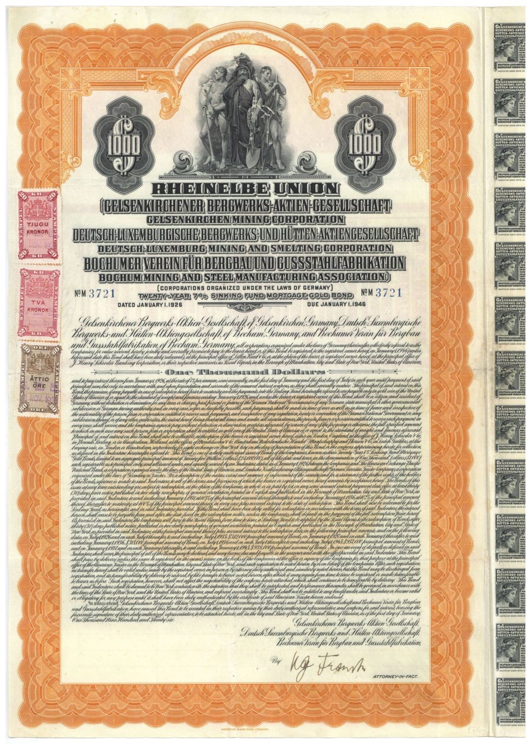 Rheinelbe Union Gelsenkirchen Mining Corporation 7% $1000 German Uncancelled B