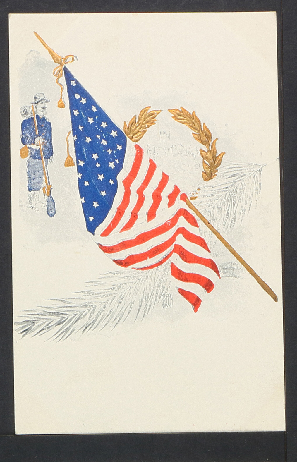 PATRIOTIC 659-Civil War Soldier Pack and Gun Bayonet AMERICAN FLAG c1910 Postca