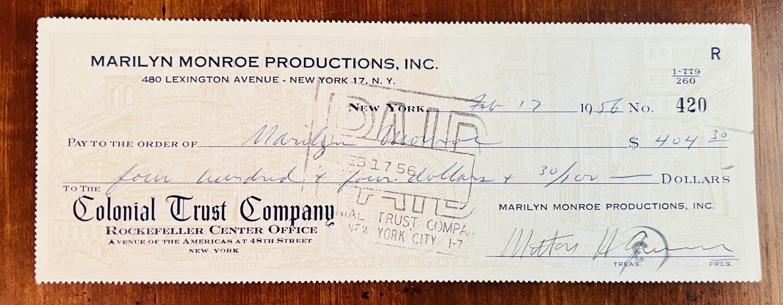Marilyn Monroe Milton Greene 1956 Issued Check & Checkbook Page with Check Info Marilyn Monroe Milton Greene 1956 Issued Check & Checkbook Page with Check Info