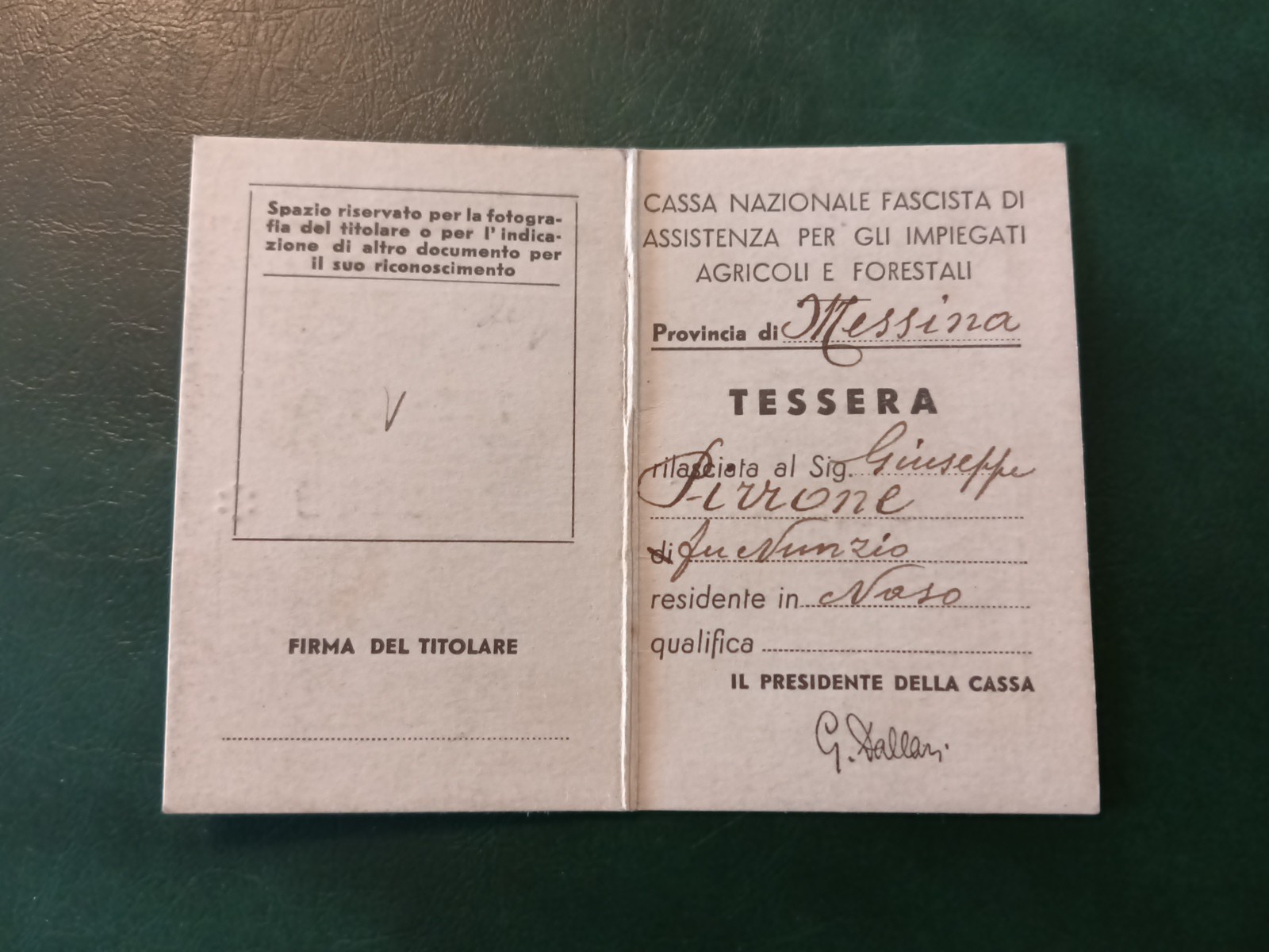 PNF Card Cassa Nazionale Fascista Employees Agricoli E Forestali Messina 1937 PNF Card Cassa Nazionale Fascista Employees Agricoli E Forestali Messina 1937