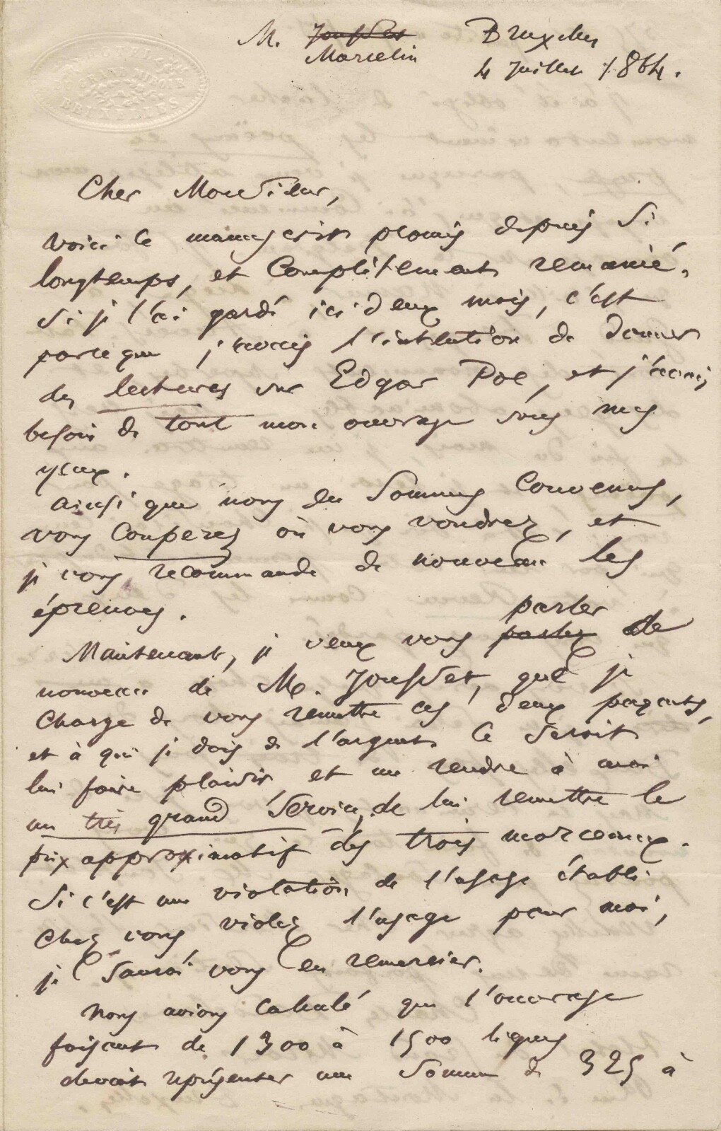 Charles BAUDELAIRE - Signed Autograph Letter. Edgar Poe and Prose Poems.