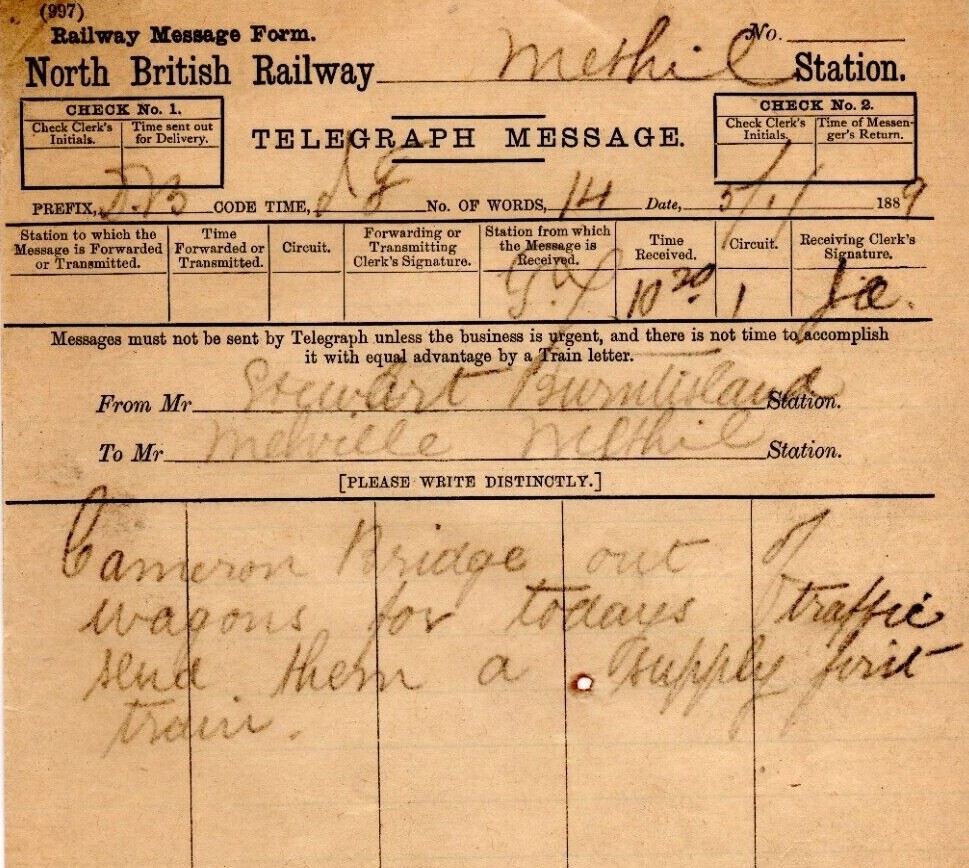 GB NBR RAILWAY Scotland TELEGRAPH MESSAGE Methil Station 1889 {Lacy-Spencer}RL41