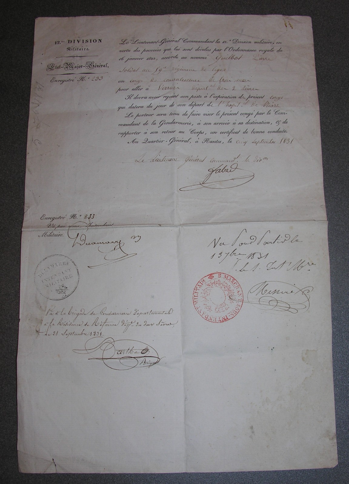 Guibot 59th Line Regiment Military Leave, Verruis deux Sèvres. 1831. Guibot 59th Line Regiment Military Leave, Verruis deux Sèvres. 1831.