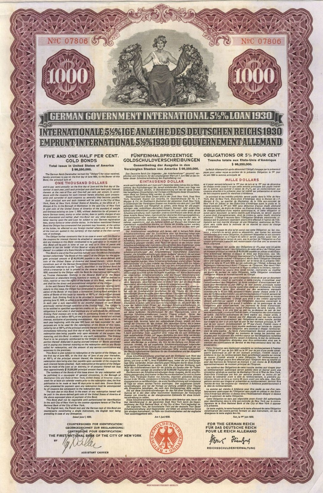 German Young Gold Loan 1930 Uncancelled $1,000 Denominated Bond with Pass-co A