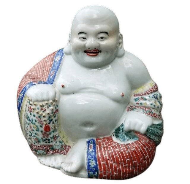 Antique Chinese Famille Rose Porcelain Happy Buddha Statue 10.5 Antique Chinese Famille Rose Porcelain Happy Buddha Statue 10.5
