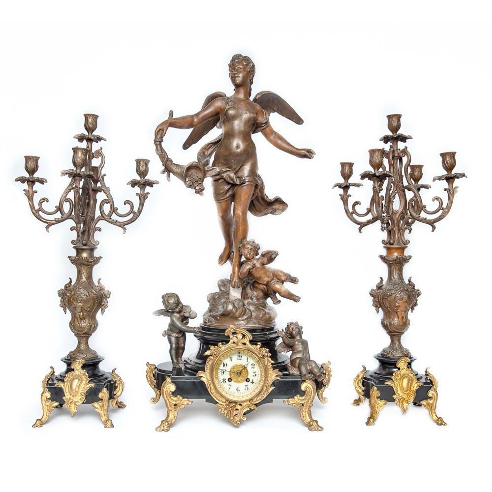 Large French ARGENT Bronze Clock Set w/ Cherubs,Black Marble Base, 1855 Movement Large French ARGENT Bronze Clock Set w/ Cherubs,Black Marble Base, 1855 Movement