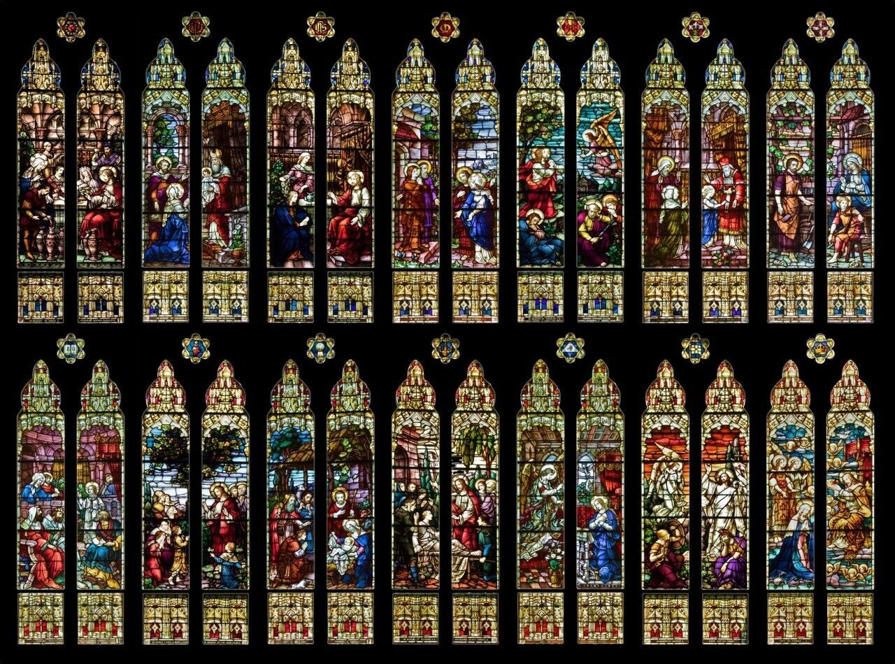 Large Set of 14 Gothic German Mayer of Munich Church Stained Glass Window Set