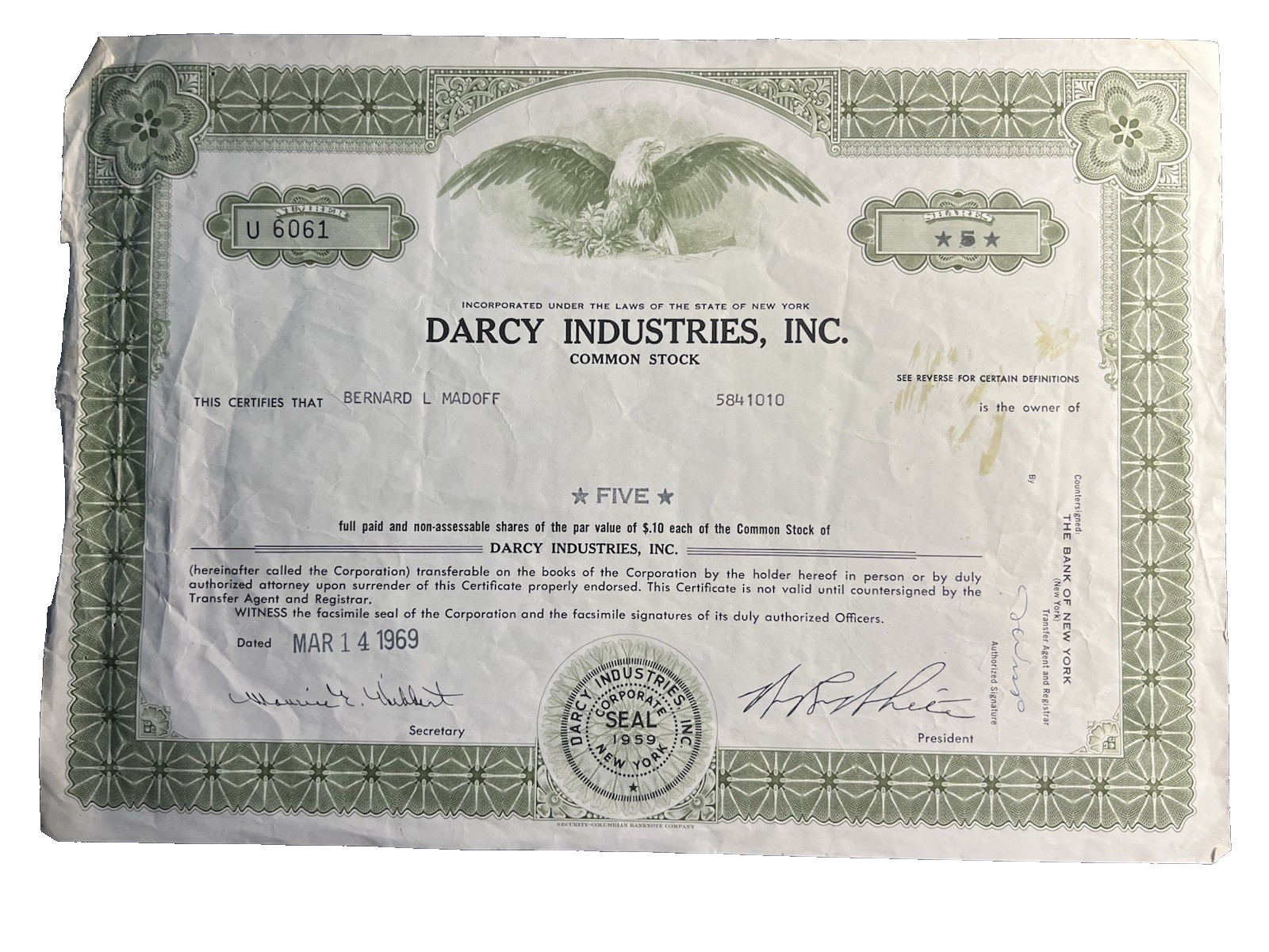BERNIE MADOFF SIGNED CRAZY RARE PERSONALLY OWNED 1969 STOCK CERTIFICATE W/PSA BERNIE MADOFF SIGNED CRAZY RARE PERSONALLY OWNED 1969 STOCK CERTIFICATE W/PSA