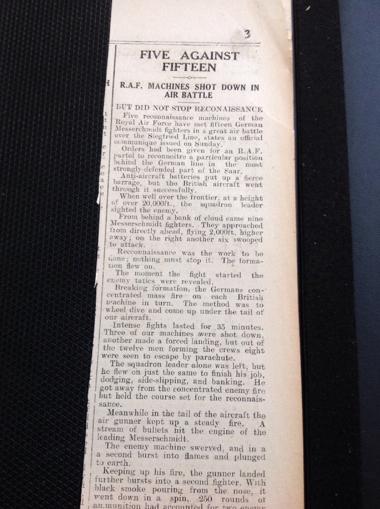 64-3 Ephemera Nov 1939 Falmouth Article Raf Dogfight Over Siegfried Line Report 64-3 Ephemera Nov 1939 Falmouth Article Raf Dogfight Over Siegfried Line Report