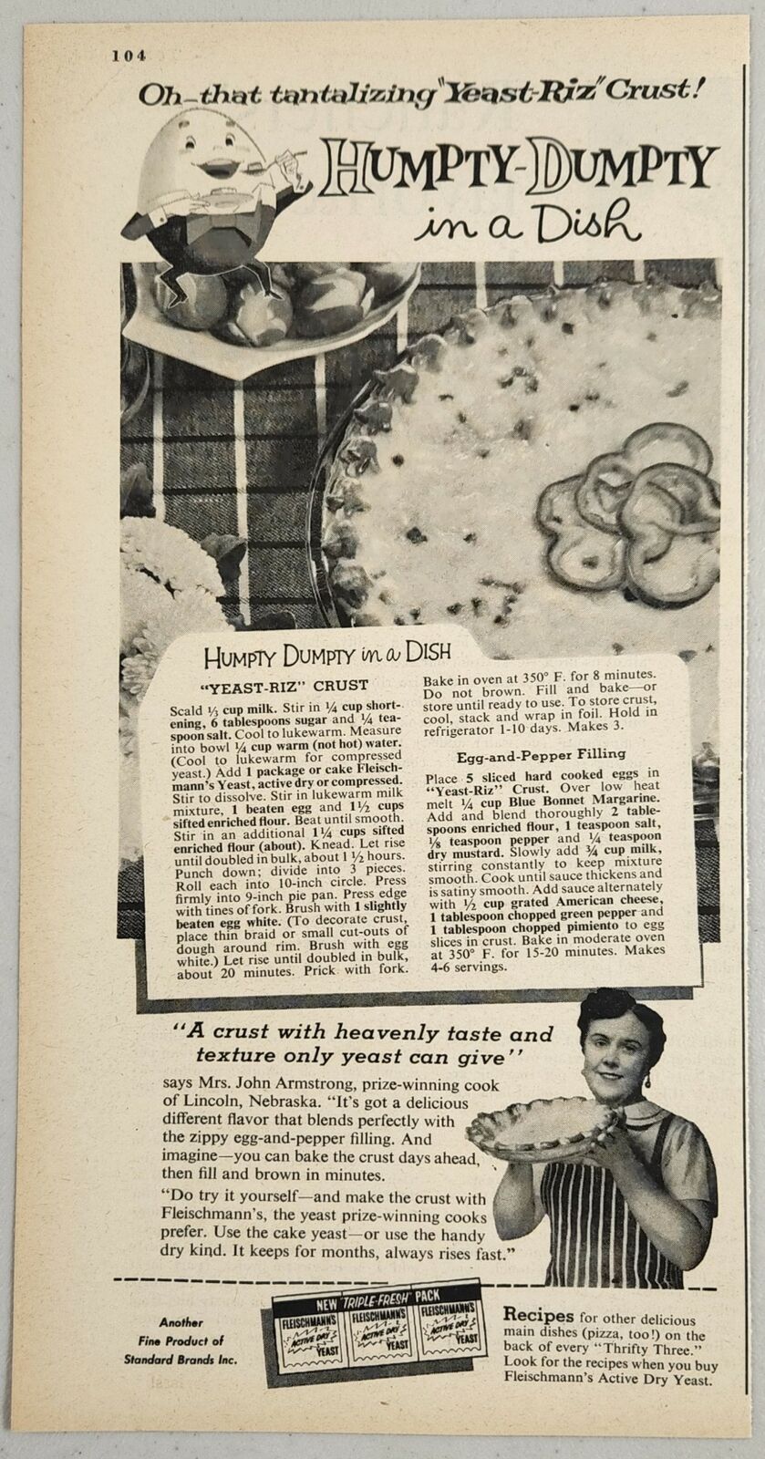 1958 Print Ad Fleischmann's Dry Yeast Humpty Dumpty Dish Recipe 