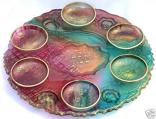Richly Colored Handcrafted Glass Art Passover Pesach Seder Plate Judaica Israel 
