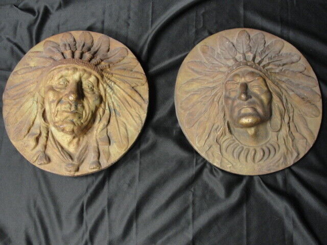 2 Late 19th Century Large Cast Iron Indian Chief Building Plaque Reliefs Rare