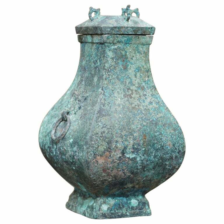 FANGHU HAN DYNASTY 206BC - 220AD CHINESE BRONZE RITUAL WINE VESSEL JUG & COVER FANGHU HAN DYNASTY 206BC - 220AD CHINESE BRONZE RITUAL WINE VESSEL JUG & COVER