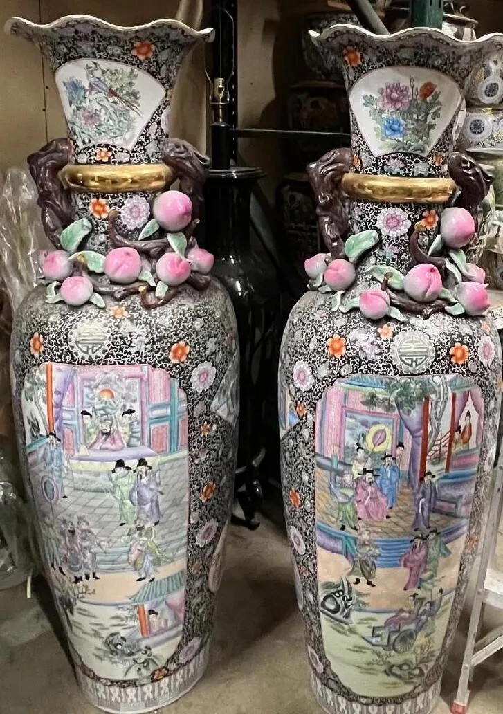 SUPERB VINTAGE HAND PAINTED FAMILLE ROSE MEDALLION PORCELAIN FLOOR VASES-63''H SUPERB VINTAGE HAND PAINTED FAMILLE ROSE MEDALLION PORCELAIN FLOOR VASES-63''H