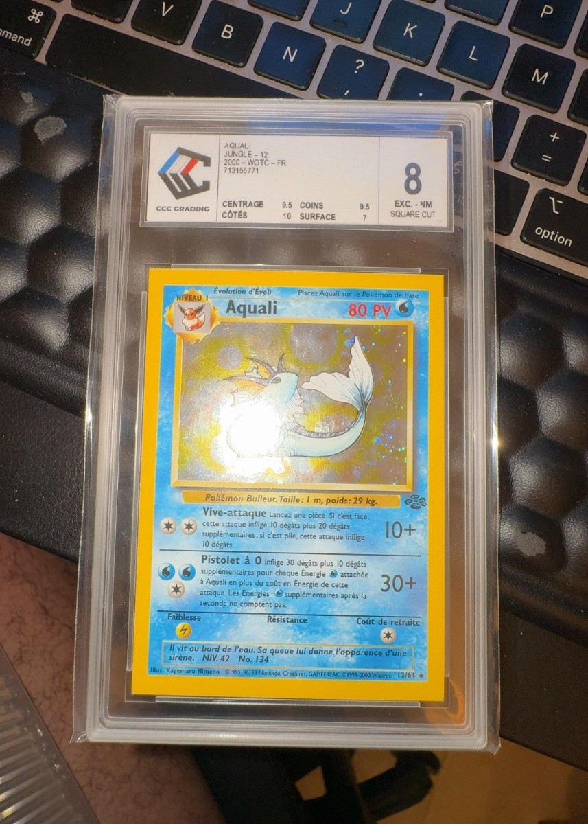 Aquali Vaporeon 12/64 Jungle Miscut Square Cut Error CCC 8 FR Aquali Vaporeon 12/64 Jungle Miscut Square Cut Error CCC 8 FR