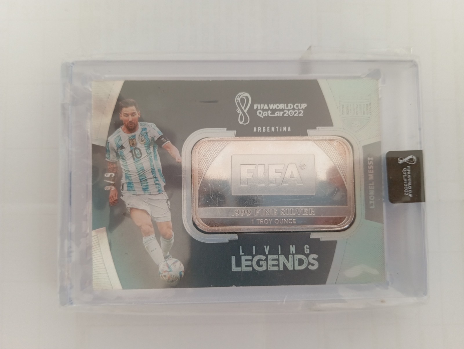 LIONEL MESSI FIFA WORLD CUP 2022 LIVING LEGENDS SILVER BAR CARD 1OZ - RARE 9/9 LIONEL MESSI FIFA WORLD CUP 2022 LIVING LEGENDS SILVER BAR CARD 1OZ - RARE 9/9