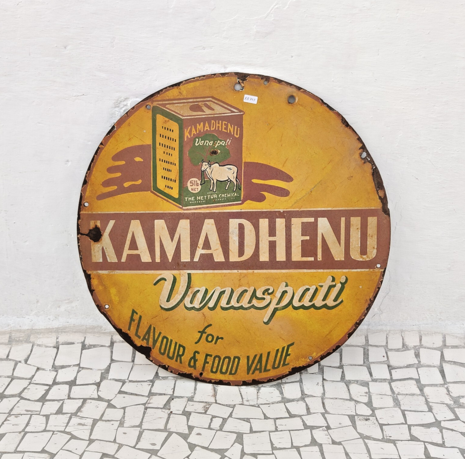 1940s Vintage Kamadhenu Vanaspati Advertising Enamel Sign Board Round Rare EB703 1940s Vintage Kamadhenu Vanaspati Advertising Enamel Sign Board Round Rare EB703