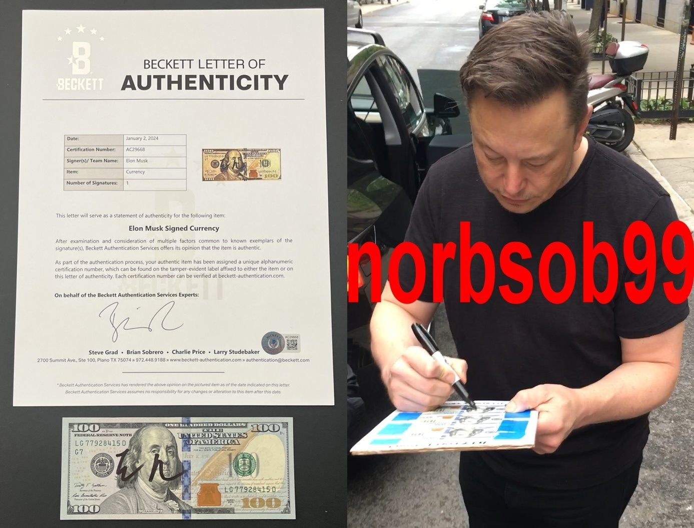 ELON MUSK SPACEX TESLA SIGNED $100 DOLLAR BILL w/EXACT VIDEO PROOF & BECKETT COA ELON MUSK SPACEX TESLA SIGNED $100 DOLLAR BILL w/EXACT VIDEO PROOF & BECKETT COA
