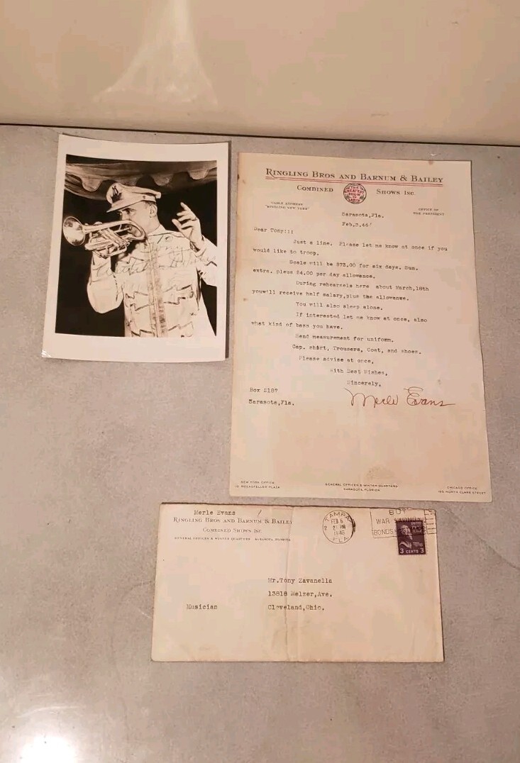 RARE Ringling Bros & Barnum & Bailey Circus 1946 MERLE EVANS signed Letter/Photo
