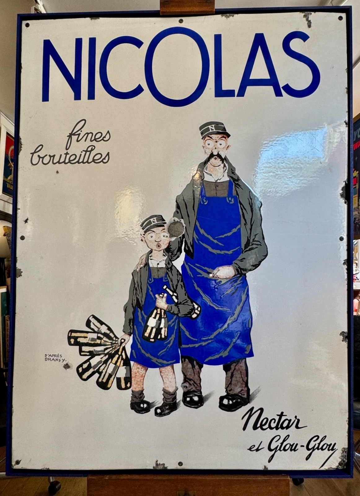 NICOLAS FINE BOTTLES NECTAR AND GLOUGLOU LARGE ANTIQUE ENAMEL PLATE NICOLAS FINE BOTTLES NECTAR AND GLOUGLOU LARGE ANTIQUE ENAMEL PLATE
