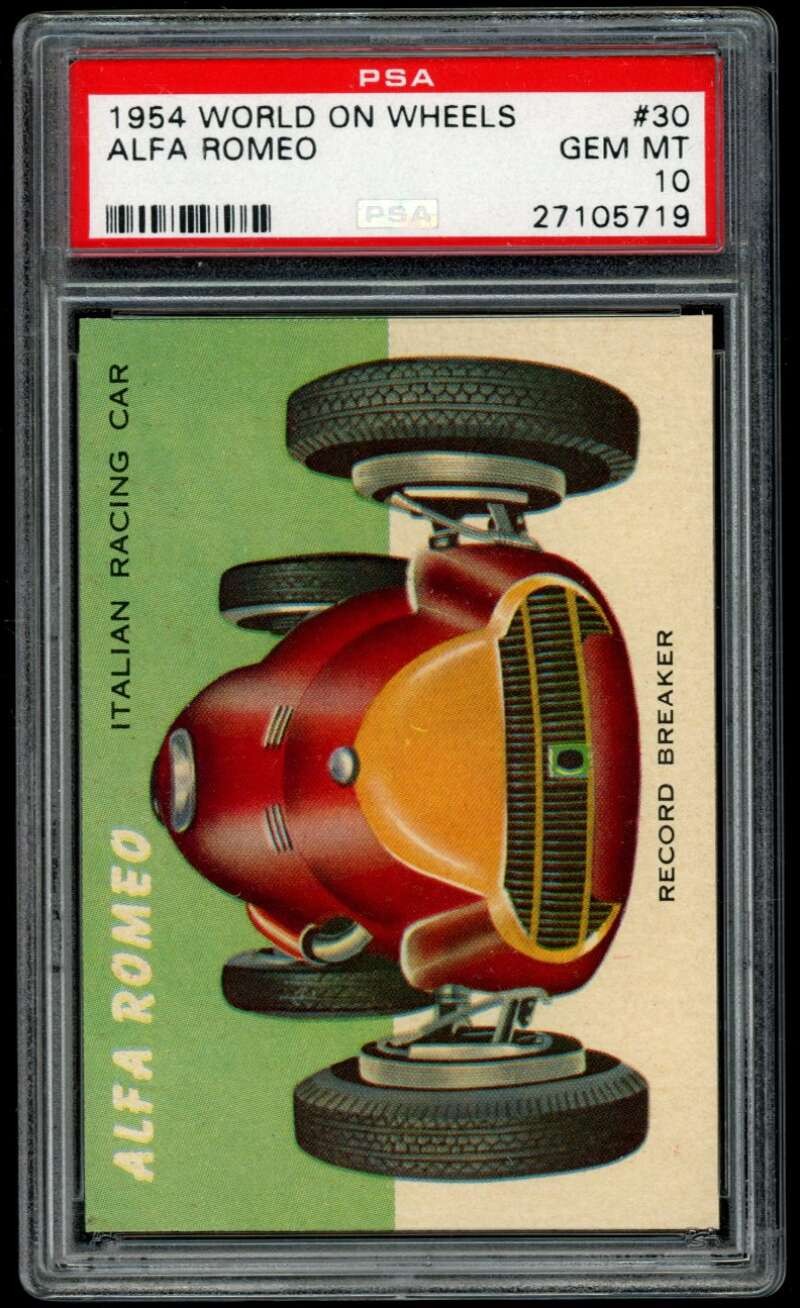 1954 Topps World on Wheels #30 Alfa Romeo Racing Car POP one PSA 10 (5719) 1954 Topps World on Wheels #30 Alfa Romeo Racing Car POP one PSA 10 (5719)