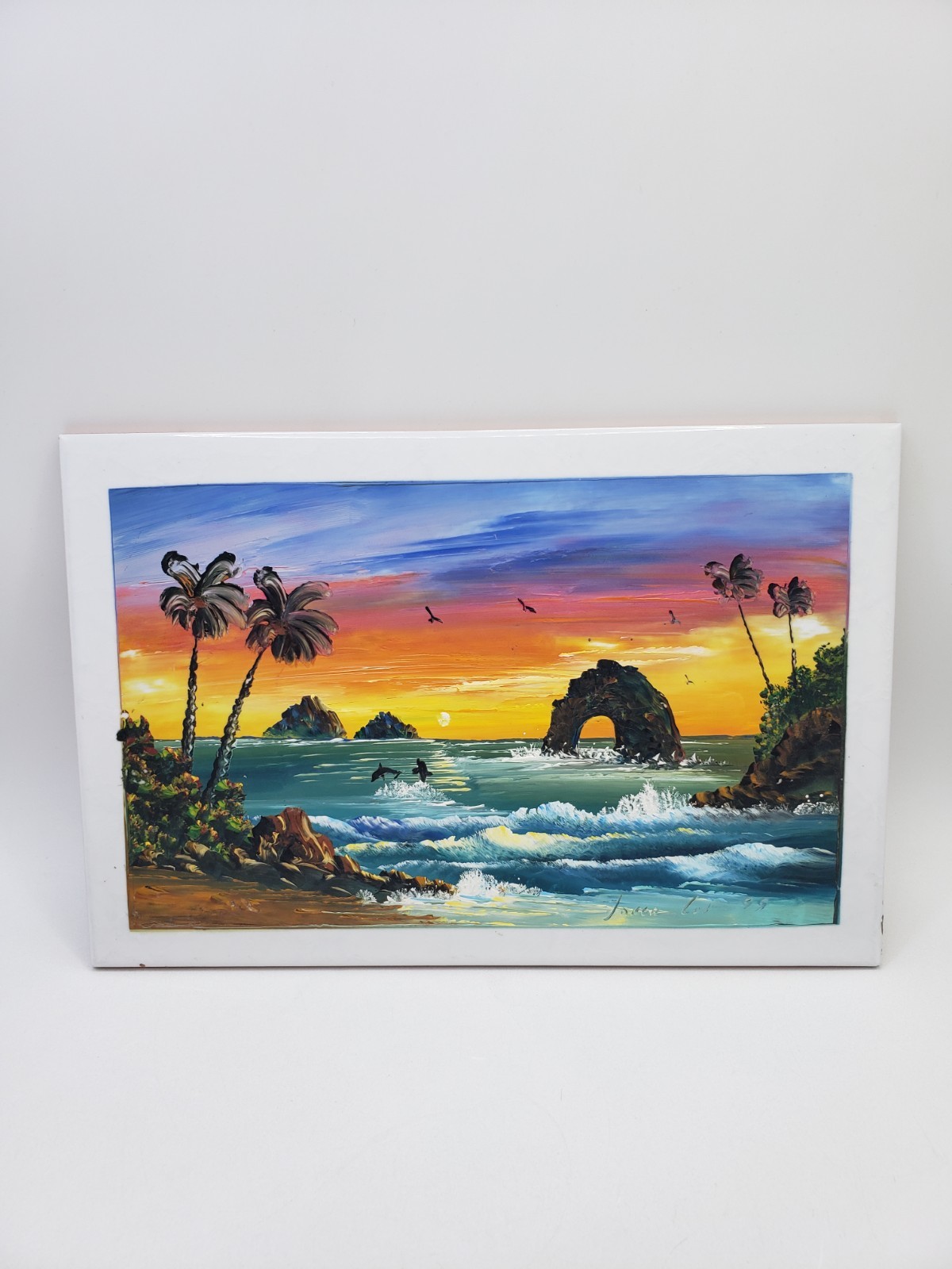 Hand Painted Vibrant Tropical Seascape Islands Sunset Beach on Large Tile 12 Hand Painted Vibrant Tropical Seascape Islands Sunset Beach on Large Tile 12