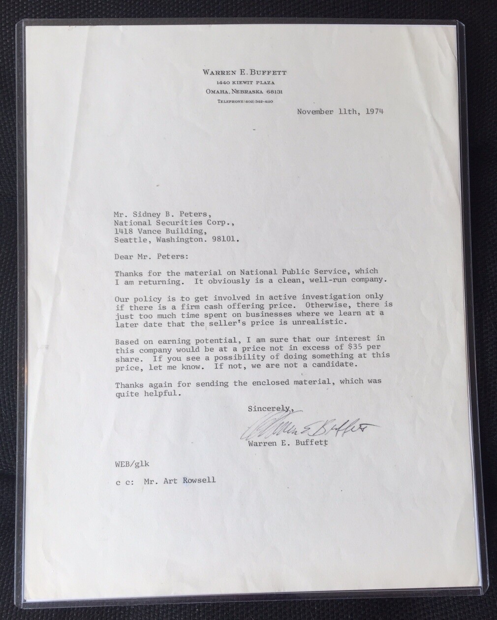1974 RARE Warren Buffett Signed Autograph LETTER With COA Berkshire Hathaway 1974 RARE Warren Buffett Signed Autograph LETTER With COA Berkshire Hathaway