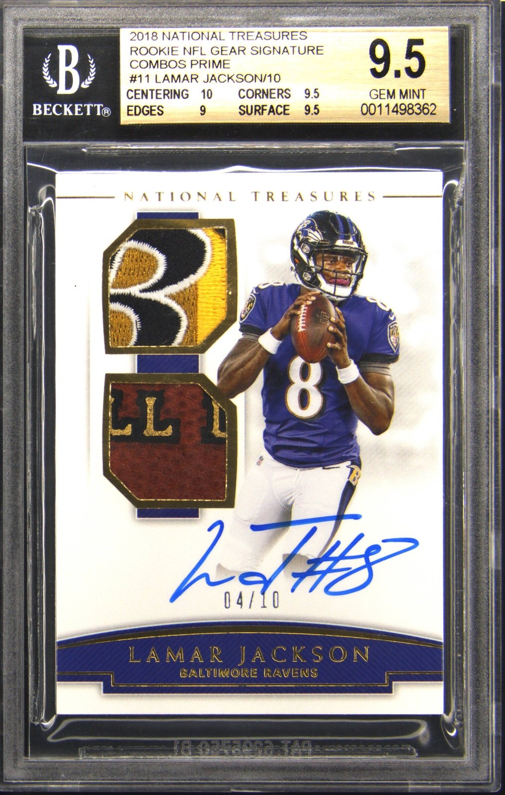 NATIONAL TREASURES ROOKIE NFL GEAR SIGNATURE COMBOS PRIME LAMAR JACKSON BGS 9.5