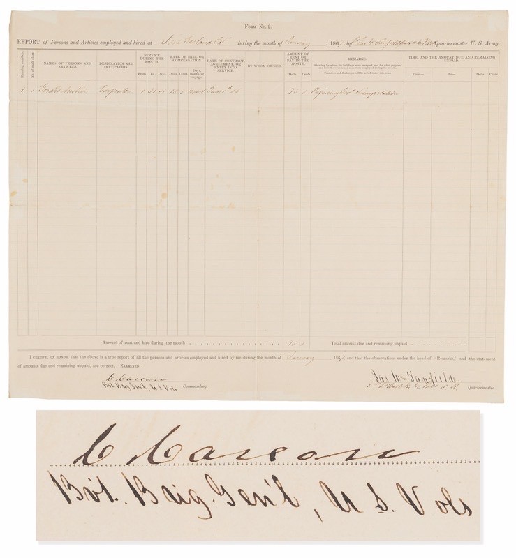 Rare Kit Carson signs as Commander of Ft Garland on Colorado frontier 1867 PSA Rare Kit Carson signs as Commander of Ft Garland on Colorado frontier 1867 PSA