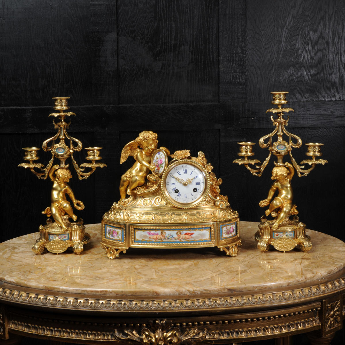 JAPY FRERES ~ EARLY FRENCH ORMOLU AND SEVRES PORCELAIN CLOCK SET C1850 ~ CHERUBS