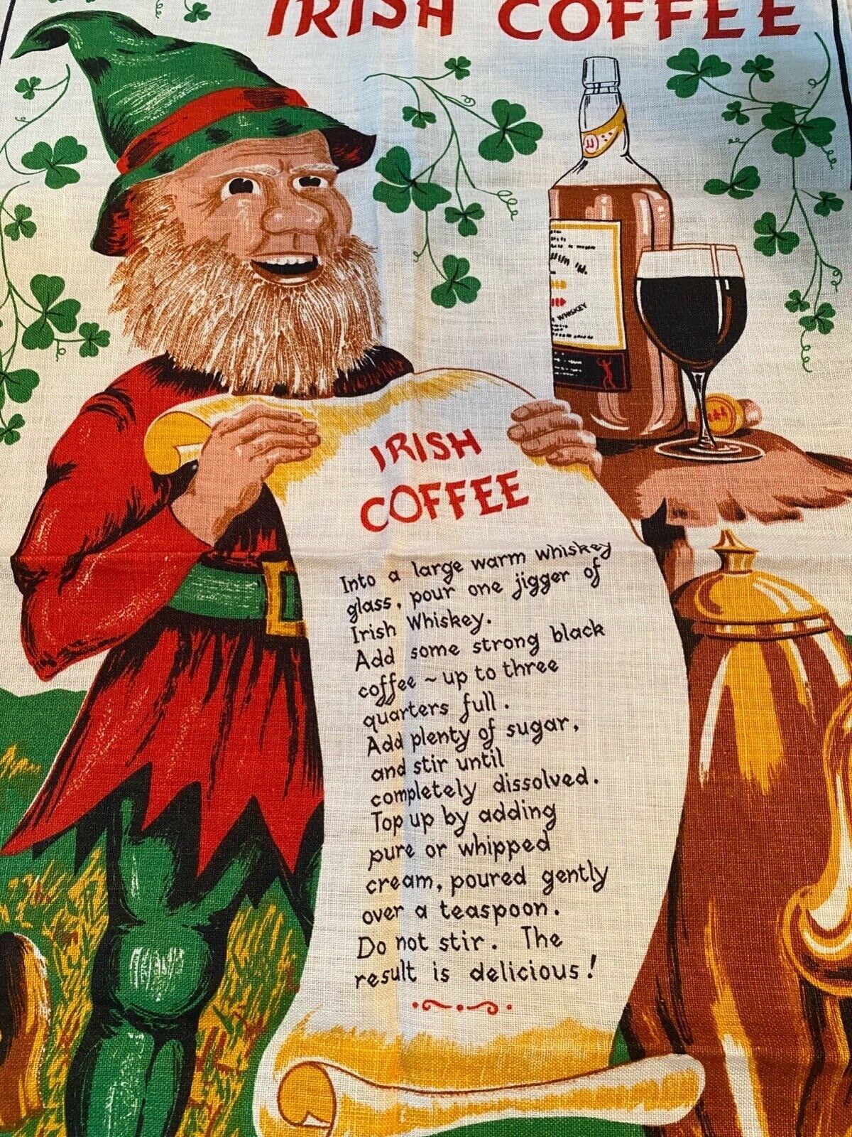 Vintage Irish Coffee Irish Linen Tea Bar Towel Elf with Recipe, Whiskey Recipe 