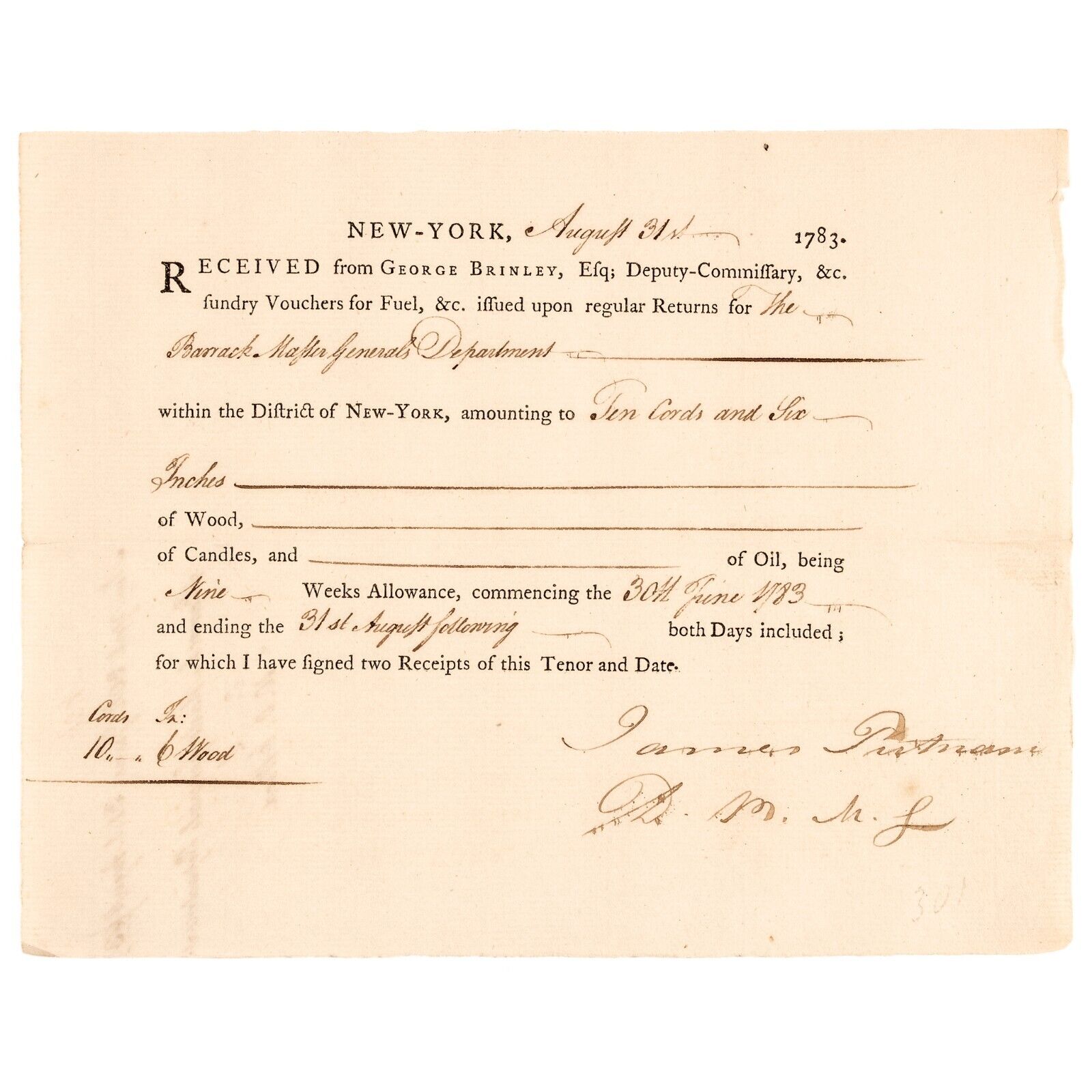 1783 British Military Forage Receipt, Three Months Prior to NYC EVACUATION DAY 