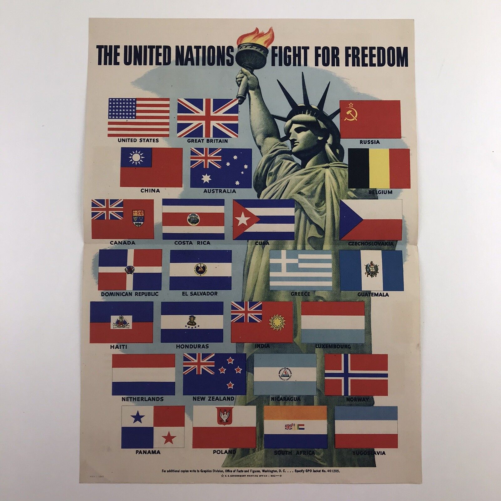 WWII Poster 'The United Nations Fight for Freedom' 1942 Statue Of Liberty - HTF