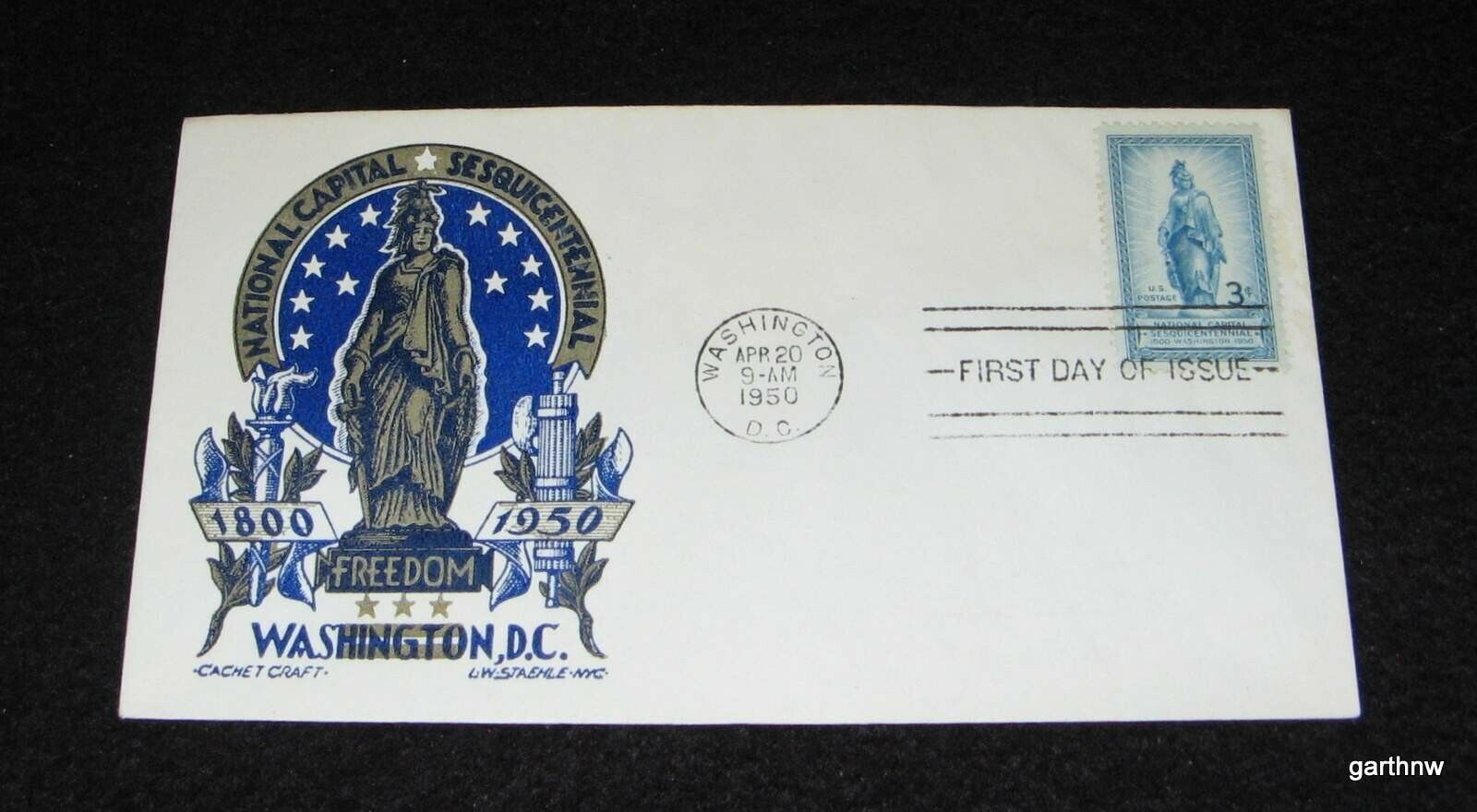 NATIONAL CAPITAL 1950 FREEDOM STATUE FIRST DAY COVER 150th WASHINGTON DC