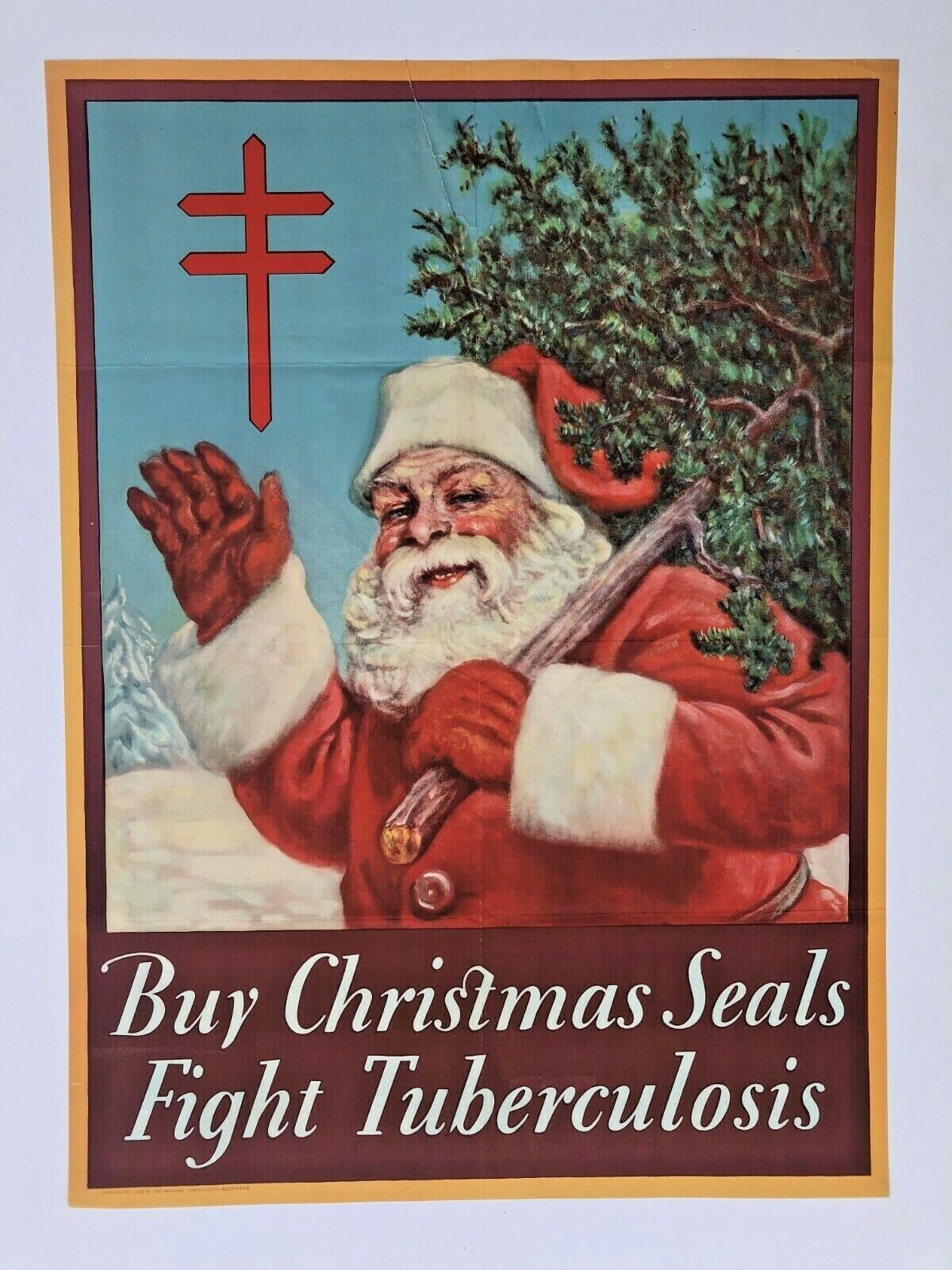 Vintage 1930 Fight Tuberculosis Association Poster w/ Christmas Santa