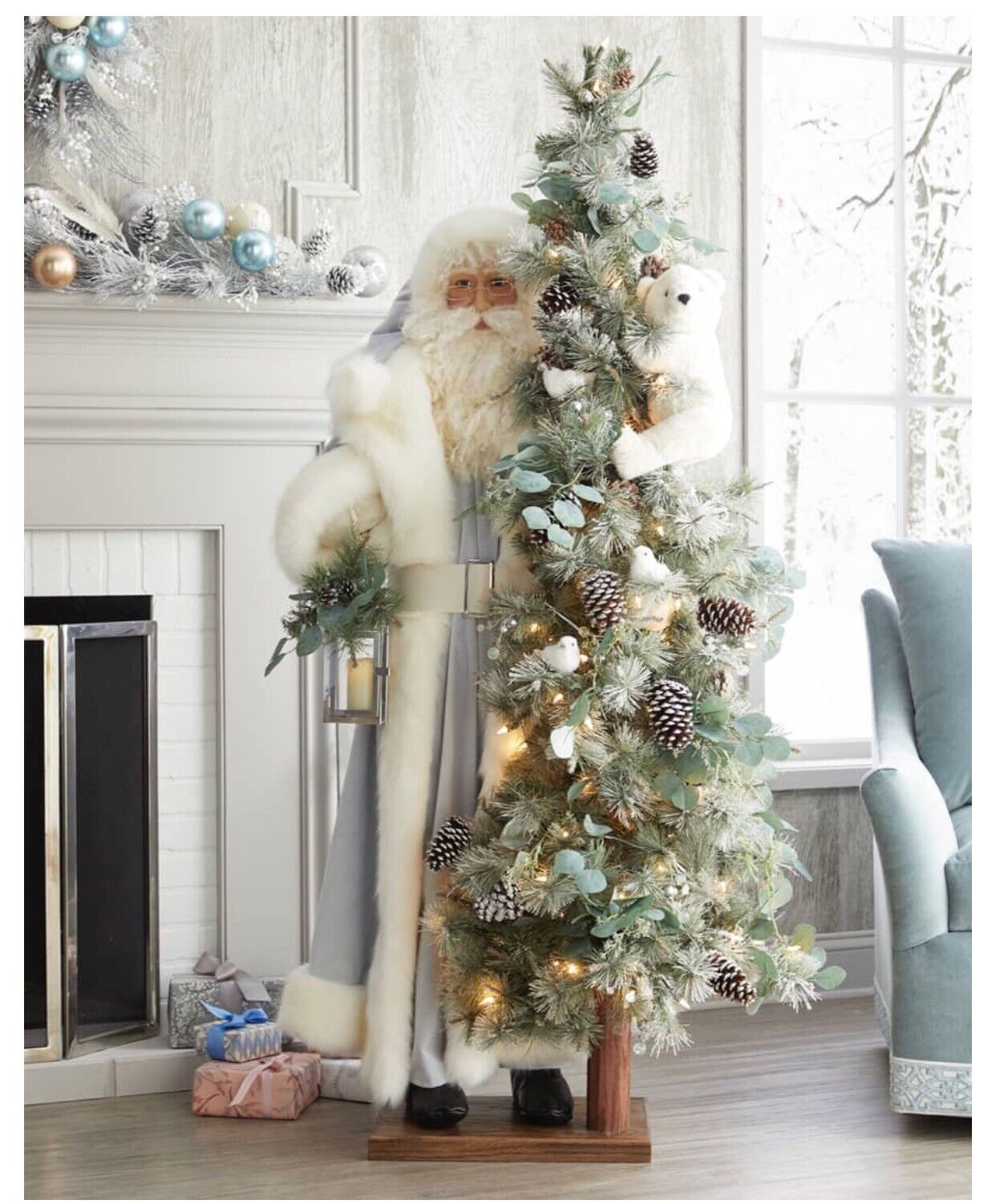 57” Life Size Pastel Santa in Plush Coat next to Lighted 72” Christmas Tree