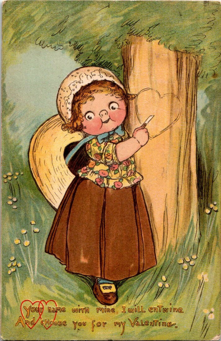 Valentine Girl Carving Heart in Tree. Tuck Postcard. 1918