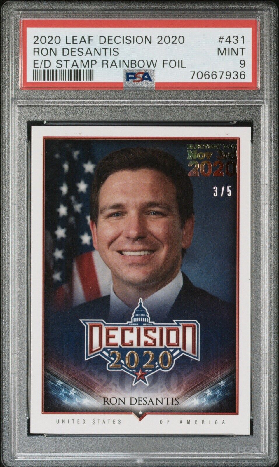 Ron Desantis 2020 Leaf Decision #431 Election Day Stamp Rainbow Foil RC /5 PSA 9
