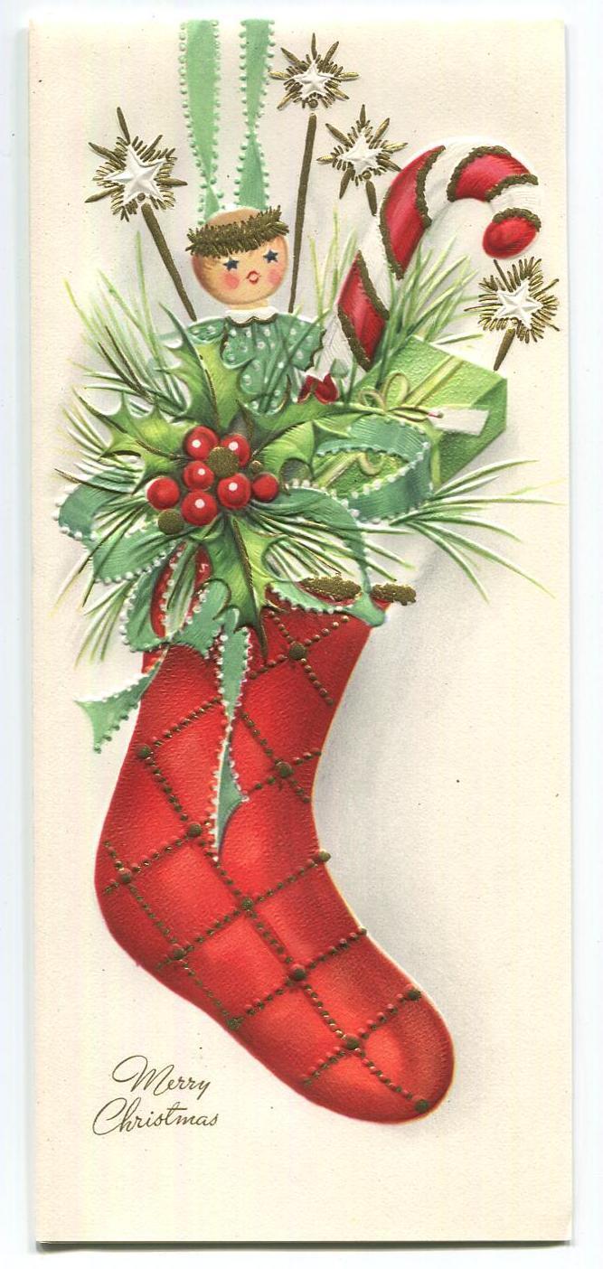 VINTAGE CHRISTMAS STOCKING DOLL HOLLY BERRY CANDY CANE EMBOSSED GREETING CARD